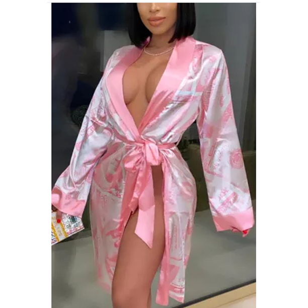 Women's Long Sleeve Money Print Silky Robes