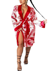 Women's Long Sleeve Money Print Silky Robes